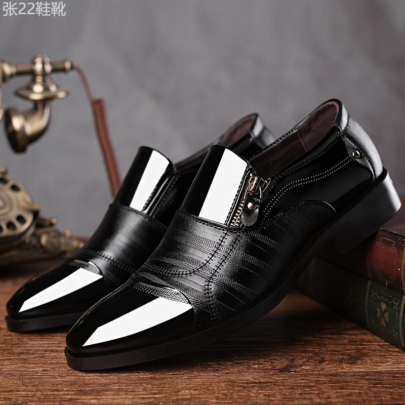 Fashionable Mens Dress Shoes with Stylish Zipper Accent - Durable Slip-On Design for Business & Office - Comfortable Anti-Slip PU Leather Upper for All-Day Wear Boy Footwear Walking Shoes Closed Work Rubber Pedal Decor