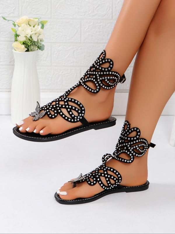 Women's Fashionable Rhinestone Decorated Hollow Out Butterfly Design Sandals, Casual Toe Thong Sandals for Summer, Lightweight Breathable Comfortable Shoes for Daily Wear, Perfect for Students and Outdoor