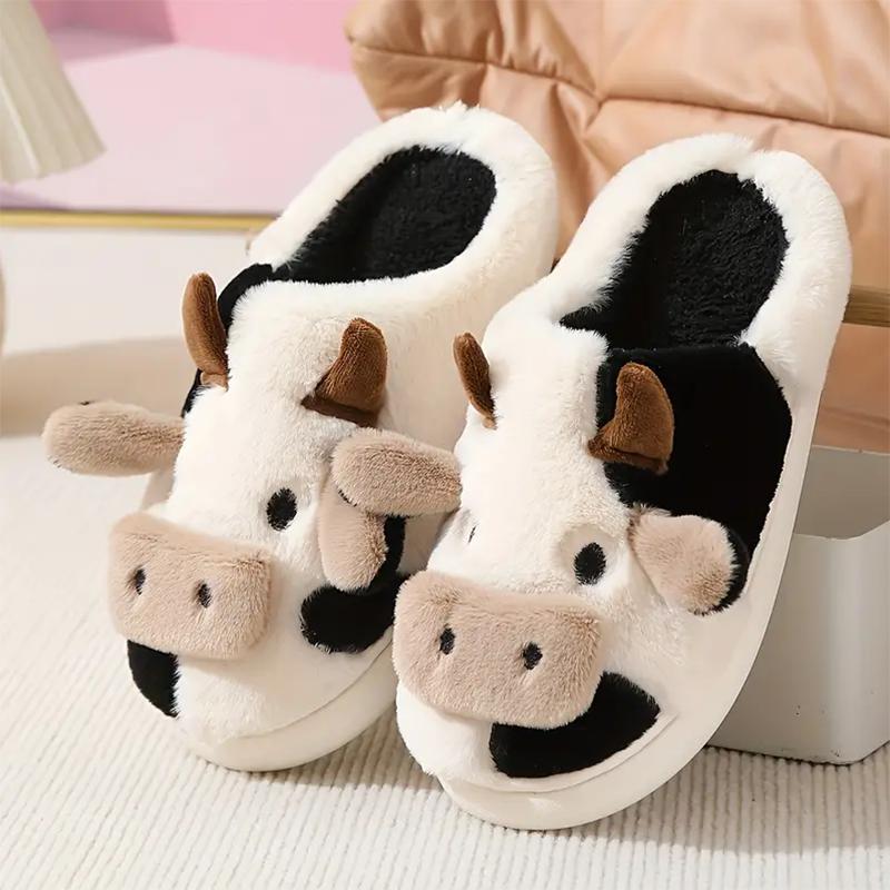 Fuzzy Cow Slippers for Women Men, Cute Cotton Animals House Shoes Fluffy Plush Slippers for Girls Indoor Living Room Bedroom