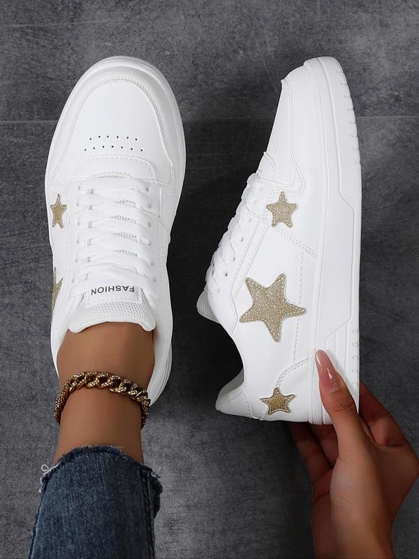 Women's Fashionable Star Patched Design Lace Up Sneakers, Casual Comfortable Breathable Sports Shoes, Female All-match Round Toe Shoes for Daily Wear