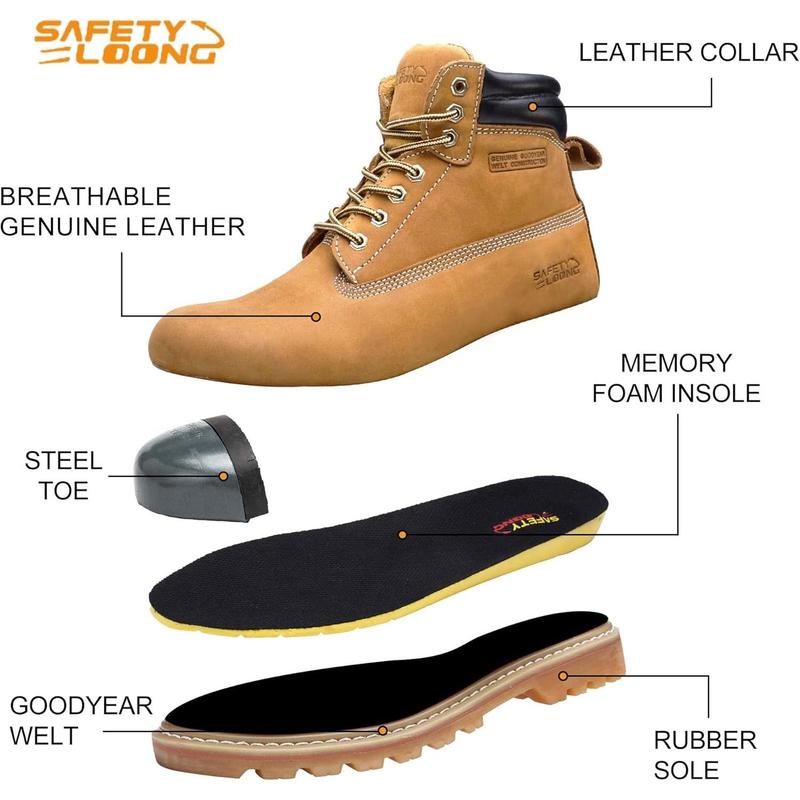 Steel Toe Work Boots for Men, 6-Inch Non Slip Comfortable Leather Waterproof Industrial Construction Safety Workboots