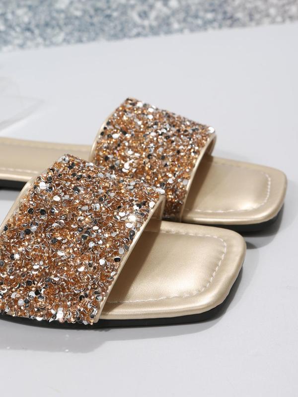 Chic Sequin Design Slippers for Summer 2024, Women's Fashionable Matching Casual Square Toe Flat Heel Slide Sandals, Sandals for Women