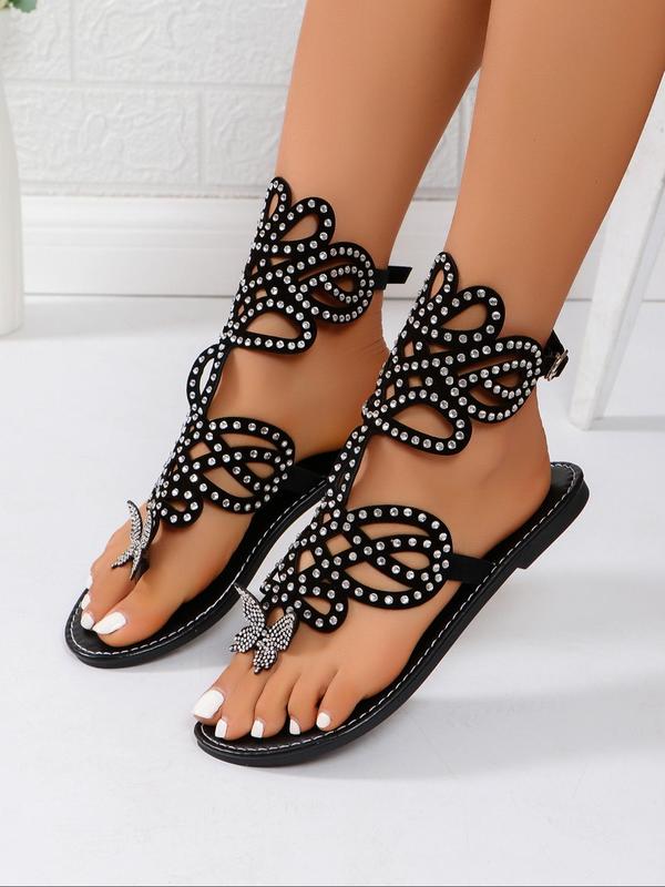 Women's Fashionable Rhinestone Decorated Hollow Out Butterfly Design Sandals, Casual Toe Thong Sandals for Summer, Lightweight Breathable Comfortable Shoes for Daily Wear, Perfect for Students and Outdoor