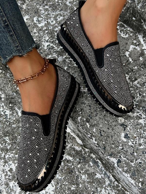 Women's Fashionable Rhinestone Decorated Slip on Loafers, Casual Comfortable Platform Shoes for Daily Wear, Lightweight Breathable Shoes for All Seasons