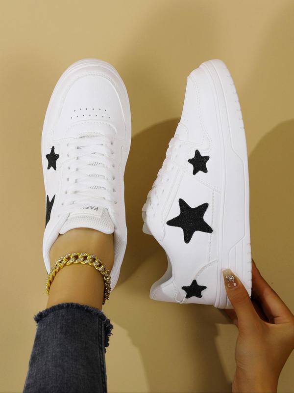 Women's Fashionable Star Patched Design Lace Up Sneakers, Casual Comfortable Breathable Sports Shoes, Female All-match Round Toe Shoes for Daily Wear