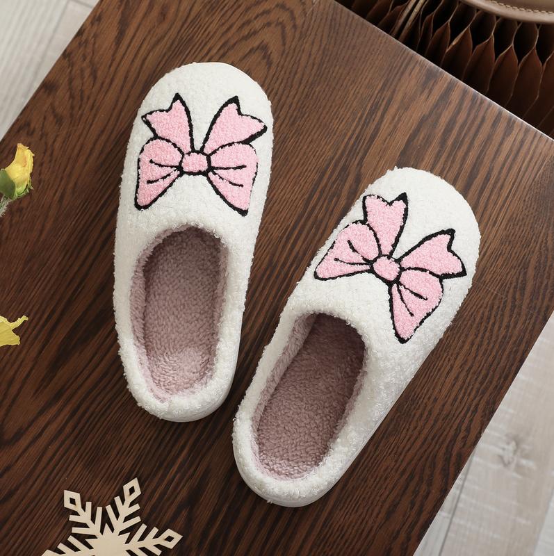 Women's Warm Embroidered Cute Bow Slip-On Fluffy House Slippers - Perfect Christmas Holiday Gift - Footwear Girl Walking Shoes