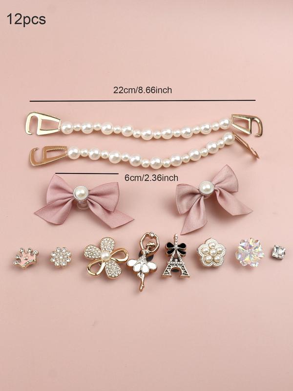 Cute Bowknot & Flower Design Faux Pearl Decor Clogs Charms, 12pcs set Tower & Crown Design Shoes Charms, Shoes Accessories for Clogs DIY for Women & Girls