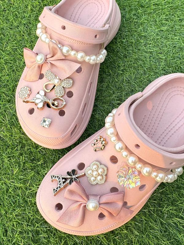 Cute Bowknot & Flower Design Faux Pearl Decor Clogs Charms, 12pcs set Tower & Crown Design Shoes Charms, Shoes Accessories for Clogs DIY for Women & Girls