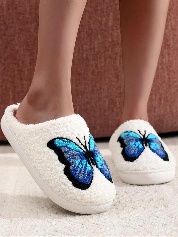 Women's Butterfly Print Plush Slippers, Soft Comfy Home Slippers for Summer, Fluffy Bedroom Slippers for Indoor and Outdoor