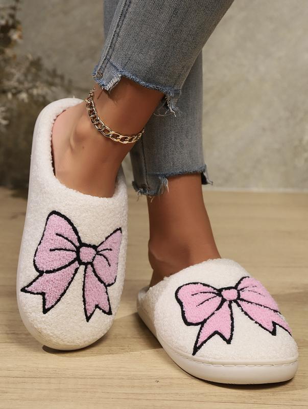 Women's Warm Embroidered Cute Bow Slip-On Fluffy House Slippers - Perfect Christmas Holiday Gift - Footwear Girl Walking Shoes