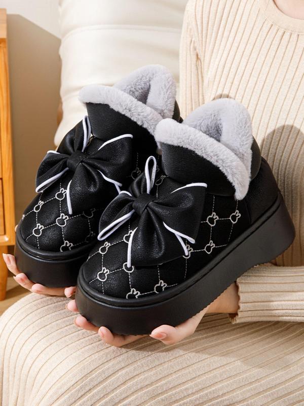 Women's Cute Bowknot Decor Quilted Design Plush Slippers, Casual Soft Comfortable Home Slippers, Warm Slippers for Indoor & Outdoor Use for Fall & Winter