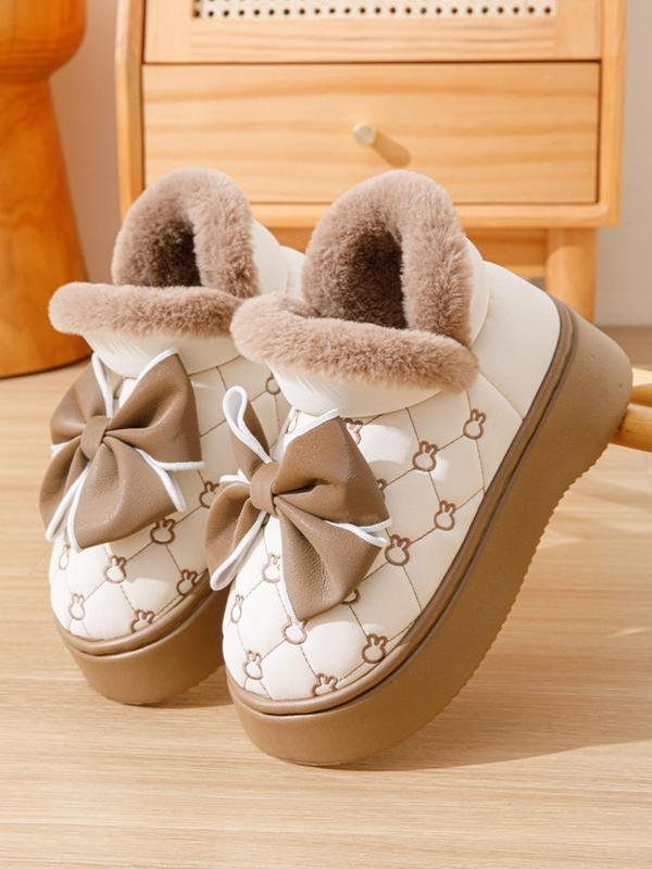 Women's Cute Bowknot Decor Quilted Design Plush Slippers, Casual Soft Comfortable Home Slippers, Warm Slippers for Indoor & Outdoor Use for Fall & Winter