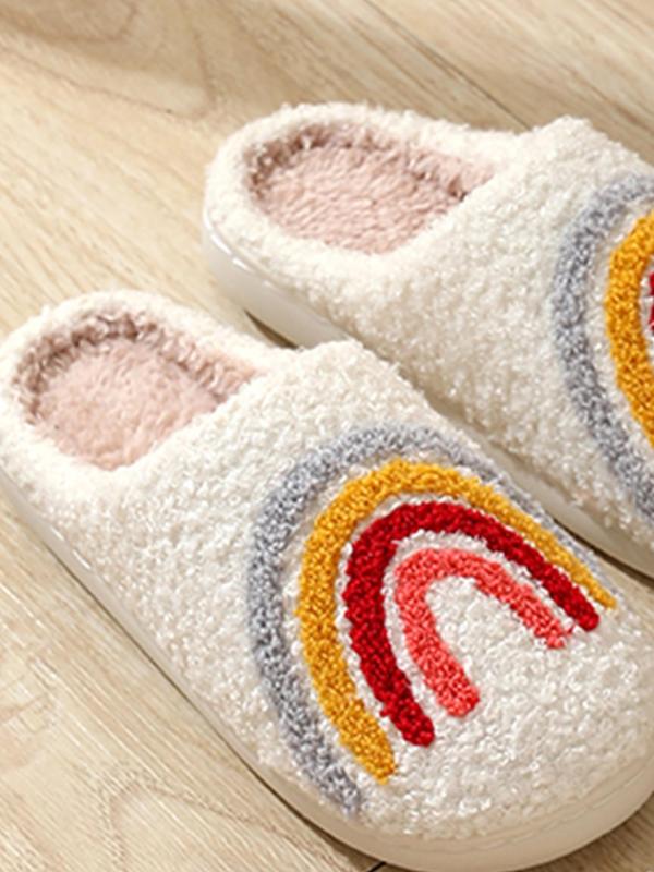 LGBT Women's Rainbow Stripe Design Plush Slippers, Bedroom Warm Fun Indoor Slippers Shoes, Anti-slip Home Flat Slippers, Shoes for Women