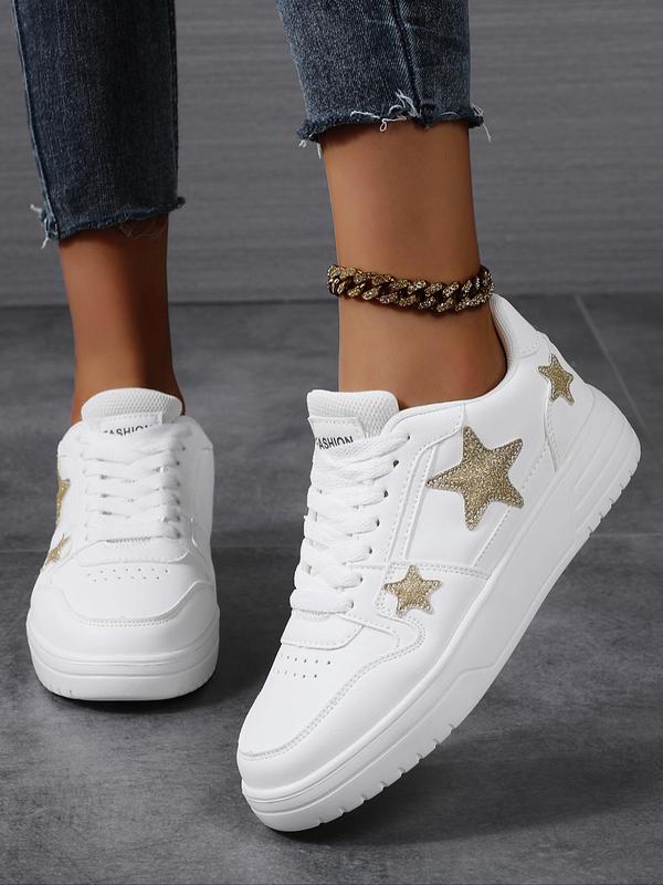 Women's Fashionable Star Patched Design Lace Up Sneakers, Casual Comfortable Breathable Sports Shoes, Female All-match Round Toe Shoes for Daily Wear