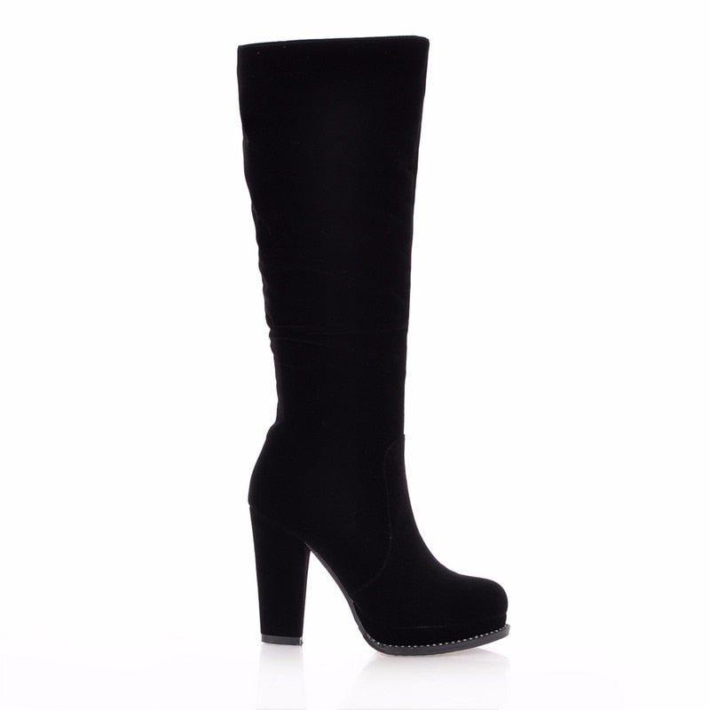 Women's Winter High Boots Fashion Flock Knee High Boots Women Knight Boots Black Thick High Heels Zipper Round Toe Ladies Shoes