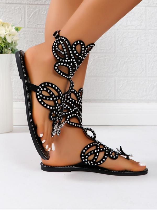 Women's Fashionable Rhinestone Decorated Hollow Out Butterfly Design Sandals, Casual Toe Thong Sandals for Summer, Lightweight Breathable Comfortable Shoes for Daily Wear, Perfect for Students and Outdoor