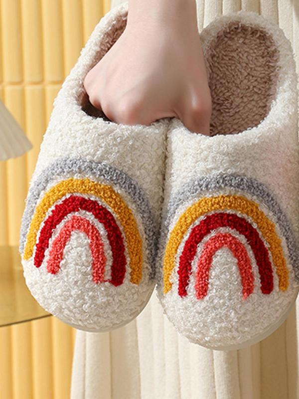 LGBT Women's Rainbow Stripe Design Plush Slippers, Bedroom Warm Fun Indoor Slippers Shoes, Anti-slip Home Flat Slippers, Shoes for Women