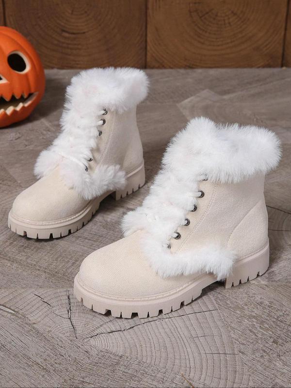 Women's Fashionable Contrast Faux Fur Label Patched Design Ankle Boots, Casual Warm Lace Up Snow Boots for Fall & Winter, Female All-match Trendy Shoes for Daily Wear