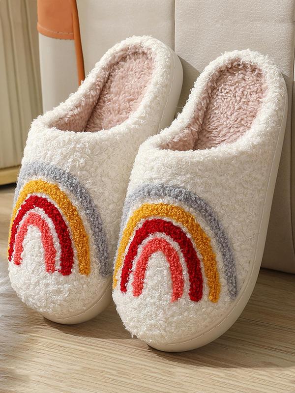 LGBT Women's Rainbow Stripe Design Plush Slippers, Bedroom Warm Fun Indoor Slippers Shoes, Anti-slip Home Flat Slippers, Shoes for Women