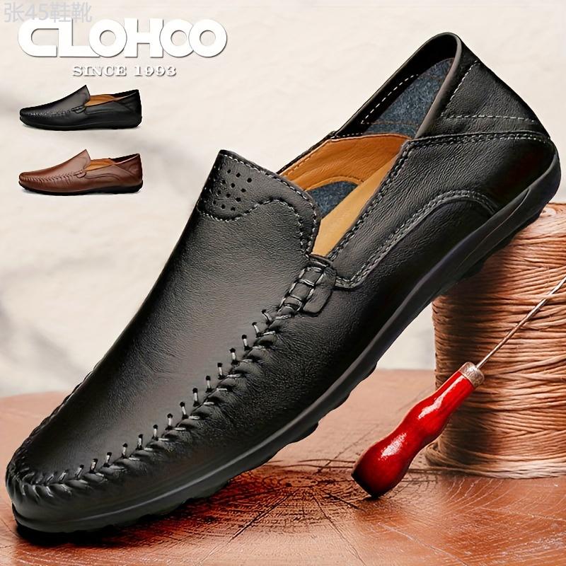 CLOHOO Men's Casual Slip-On Loafers - Minimalist Business Cow Split Leather Shoes with Rubber Sole, PU Inner, All-Season Comfort Breathable Round Toe Footwear for Daily Wear