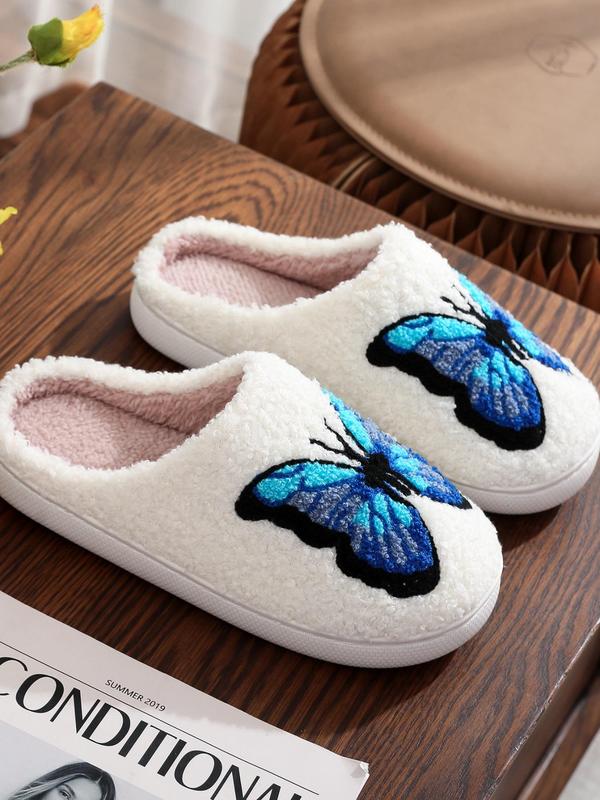 Women's Butterfly Print Plush Slippers, Soft Comfy Home Slippers for Summer, Fluffy Bedroom Slippers for Indoor and Outdoor