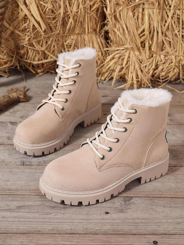 Women's Fashionable Contrast Faux Fur Label Patched Design Ankle Boots, Casual Warm Lace Up Snow Boots for Fall & Winter, Female All-match Trendy Shoes for Daily Wear