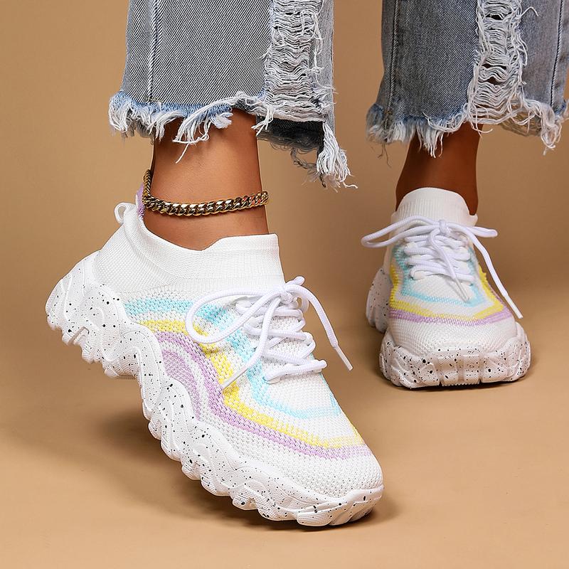 Summer Lace-up Low Top Slip on Women Sneakers, Comfortable Ankle Socks Shoes, Knit Sports Running Shoes, Gift for Wife, Girl Friend, Women's Workout Sneakers Casual Walking  breathable Footwear Athletic Trainer Runner Sports Shoes Training Tennis shoes