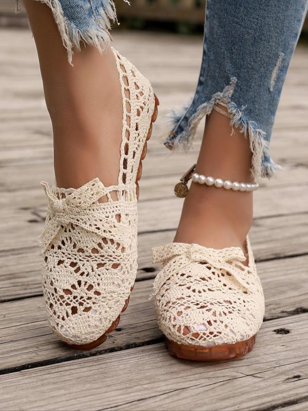 Women's Contrast Lace Bow Design Slip on Flat Shoes, Casual Comfortable Round Toe Loafers for Summer, Lightweight Breathable Shoes for Daily Wear