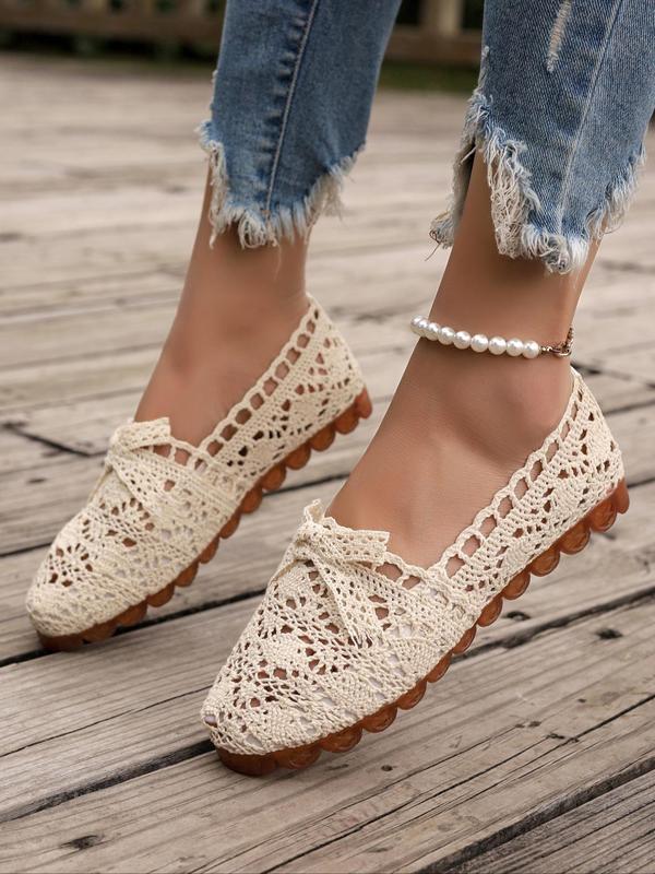 Women's Contrast Lace Bow Design Slip on Flat Shoes, Casual Comfortable Round Toe Loafers for Summer, Lightweight Breathable Shoes for Daily Wear