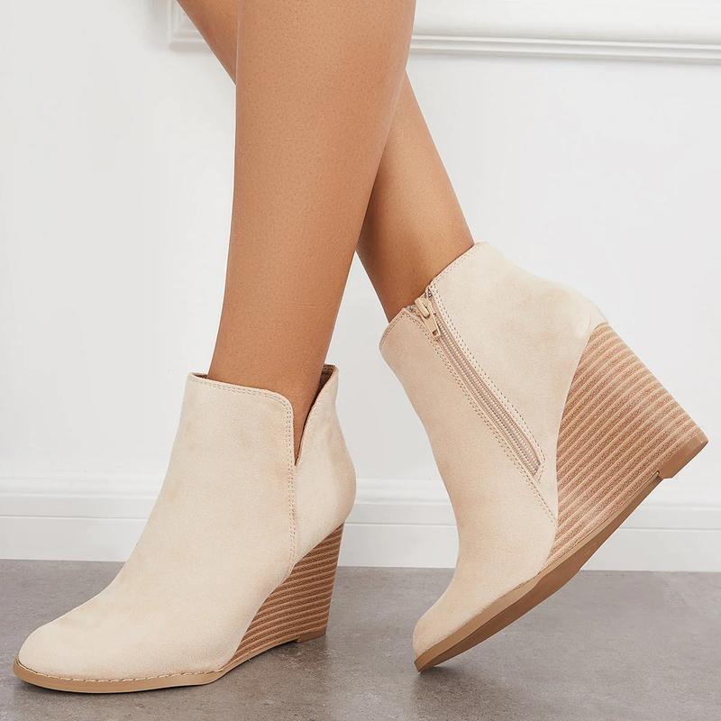 Womens V Cut Wedge Ankle Booties Zip-up Closed Toe Stacked Heel Faux Suede Winter Boots