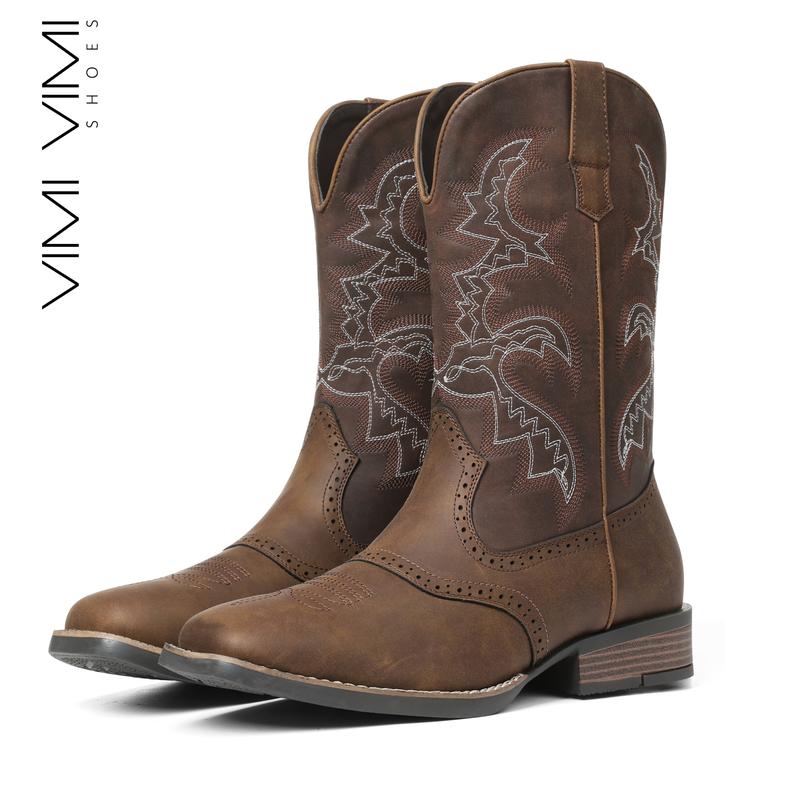 VIMI VIMI Cowboy Boots for Men Square Toe Embroidered Western Mid Calf Boot Chunky Heels Riding Booties Walking Shoes Footwear