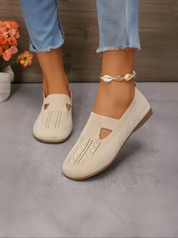 Women's Solid Color Slip-on Flat Shoes, Breathable Hollow Out Design Knit Shoes, Casual Comfortable & Soft Walking Shoes for Daily Wear