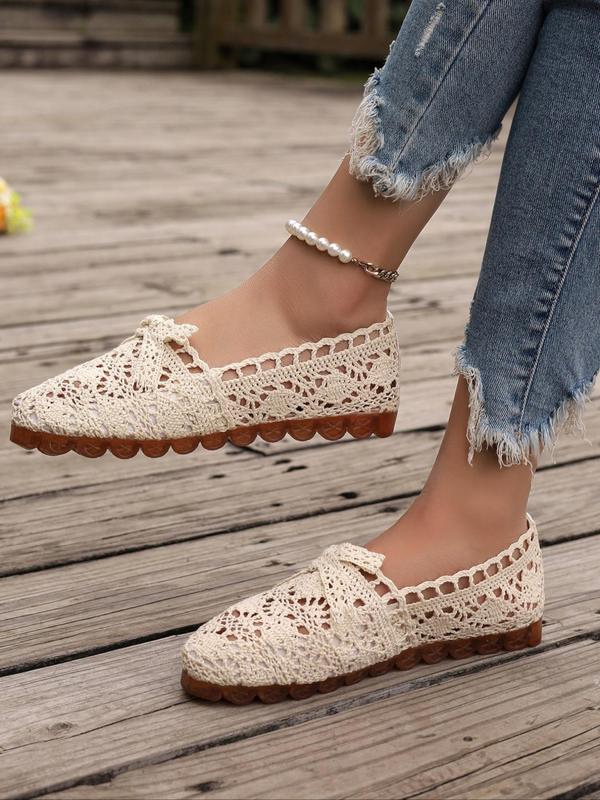 Women's Contrast Lace Bow Design Slip on Flat Shoes, Casual Comfortable Round Toe Loafers for Summer, Lightweight Breathable Shoes for Daily Wear