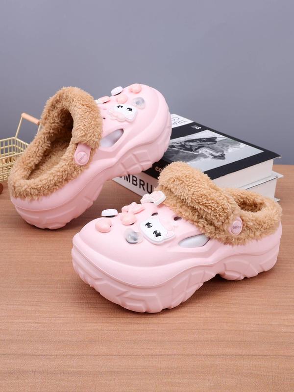 Women's Cute Cartoon Cat Decor Plush Clogs, Casual Soft Comfortable Home Slippers, Warm Slippers for Indoor & Outdoor Use for Fall & Winter