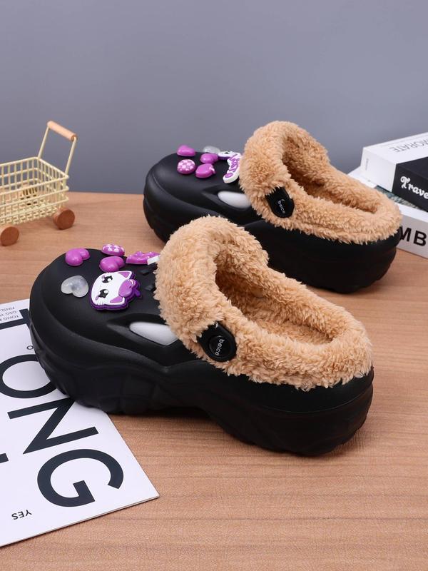 Women's Cute Cartoon Cat Decor Plush Clogs, Casual Soft Comfortable Home Slippers, Warm Slippers for Indoor & Outdoor Use for Fall & Winter