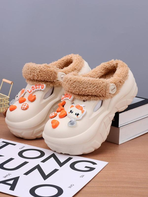 Women's Cute Cartoon Cat Decor Plush Clogs, Casual Soft Comfortable Home Slippers, Warm Slippers for Indoor & Outdoor Use for Fall & Winter