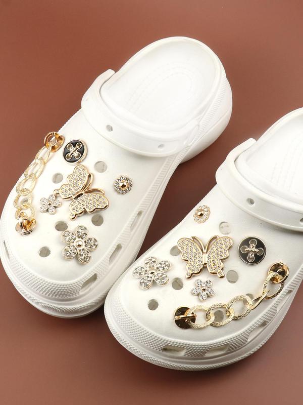 Rhinestone Decorated Shoes Charms, Including Flowers & Butterfly & Chain Design, Women's Fashionable Shoes Decorations Jewelry for Clogs, Trendy Shoes Decorations Accessories for Clogs