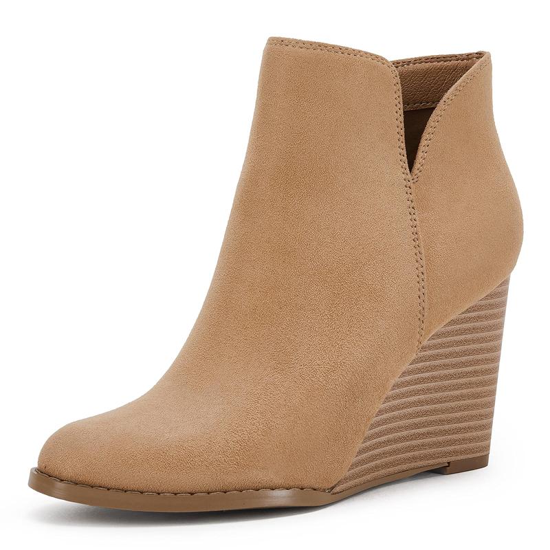 Womens V Cut Wedge Ankle Booties Zip-up Closed Toe Stacked Heel Faux Suede Winter Boots