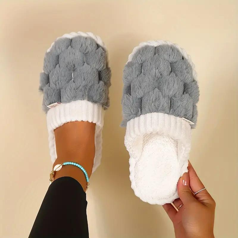 Women's simple plaid plush slippers, casual soft and comfortable home slippers, autumn and winter indoor and outdoor warm slippers, soft and fluffy slippers