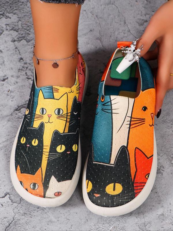 Women's Cute Cat Pattern Slip on Flats, Casual Comfortable Flat Shoes for Daily Wear, Female All-match Round Toe Shoes for Daily Wear