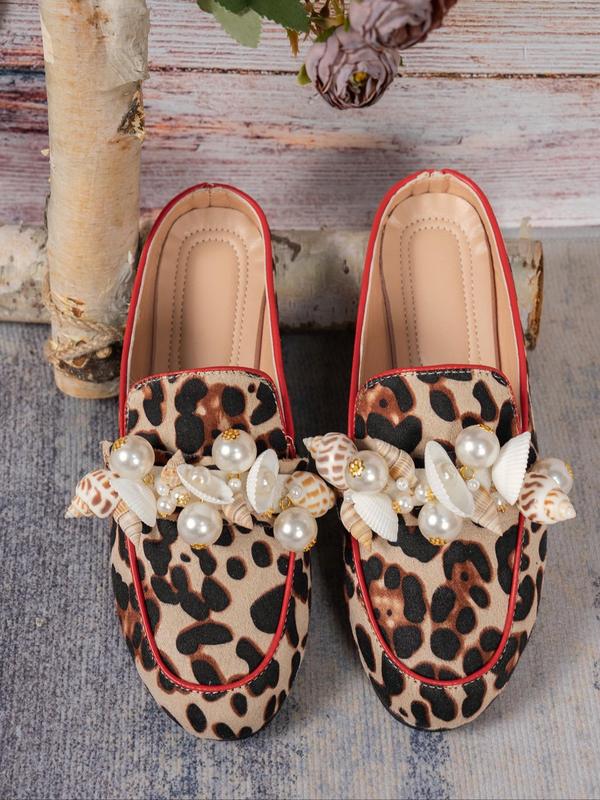 Fashion Leopard Print Faux Pearl Decorated Loafers, Casual Comfortable Round Toe Slip on Shoes for Daily Wear, Female All-match Shoes for Spring & Fall