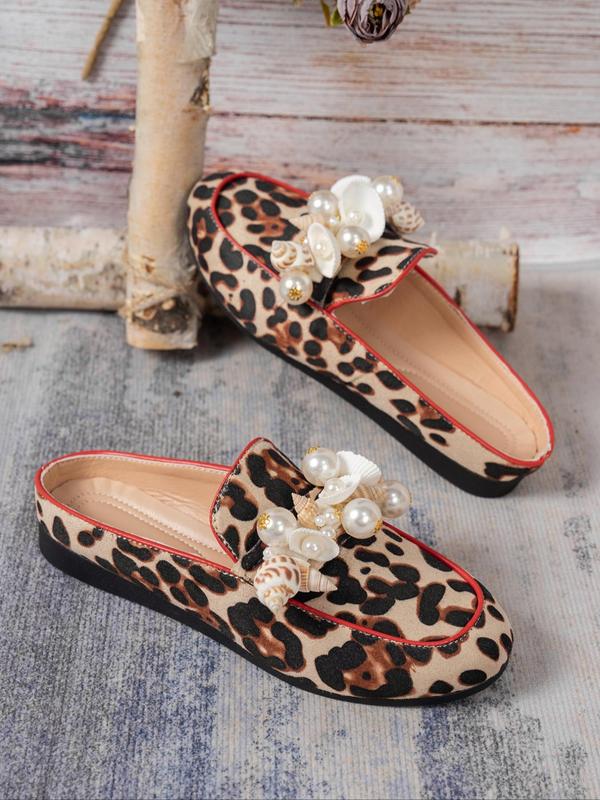 Fashion Leopard Print Faux Pearl Decorated Loafers, Casual Comfortable Round Toe Slip on Shoes for Daily Wear, Female All-match Shoes for Spring & Fall