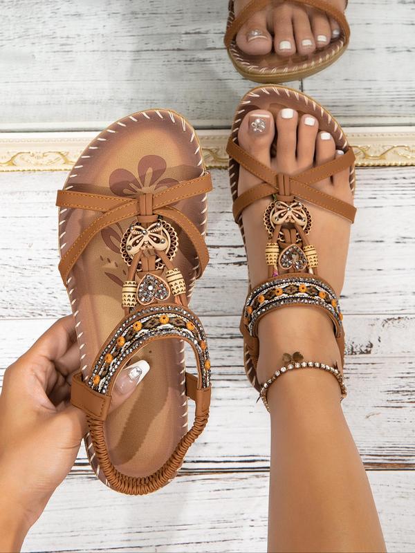 Women's Boho Casual Ethnic Style Slip on Flat Sandals Back To School, 2024 New Style Trendy Open Toe Sandals for Women and Girls, Fashionable Sandals for Summer Beach Vacation Birthday Gifts