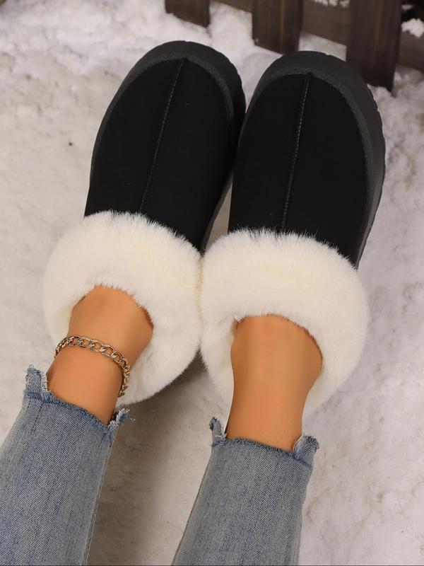 Women's Solid Color Faux Fur Lined Slip on Snow Boots, Casual Comfortable Ankle Boots for Fall & Winter, Fluffy Winter Shoes for Indoor & Outdoor