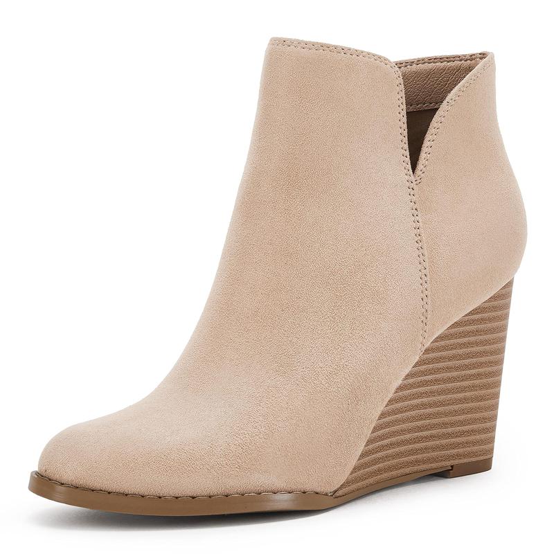 Womens V Cut Wedge Ankle Booties Zip-up Closed Toe Stacked Heel Faux Suede Winter Boots