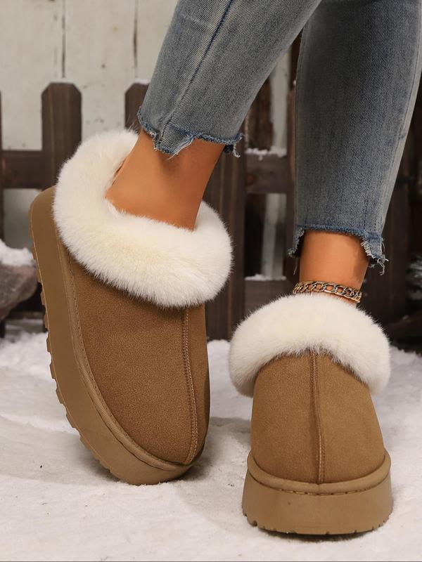 Women's Solid Color Faux Fur Lined Slip on Snow Boots, Casual Comfortable Ankle Boots for Fall & Winter, Fluffy Winter Shoes for Indoor & Outdoor