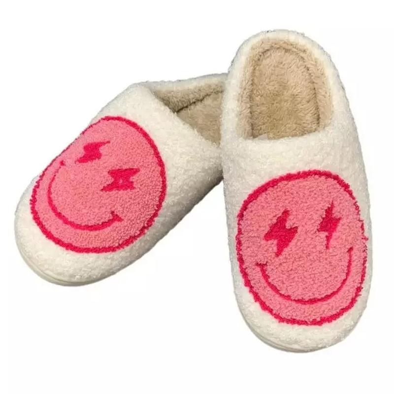 PacificPlex Womens Smiley Preppy Smile Slippers Retro Cozy Comfy Plush Slip-On Indoor Slide Footwear Soft Comfort Fluffy Cute winter woman slipper Women's Plush