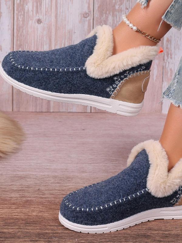 Women's Minimalist Embroidering Design Plush Lined Snow Boots, Casual Warm Ankle Boots for Fall & Winter, Fluffy Winter Shoes for Women & Girls