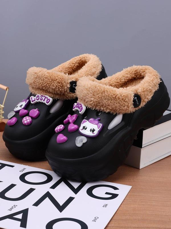 Women's Cute Cartoon Cat Decor Plush Clogs, Casual Soft Comfortable Home Slippers, Warm Slippers for Indoor & Outdoor Use for Fall & Winter