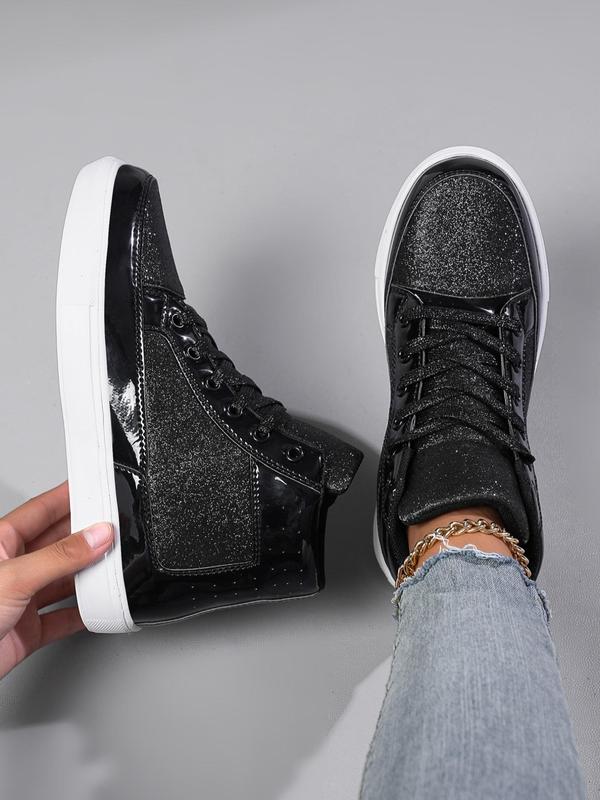 Women's Fashion Glitter High Top Lace up Skate Shoes, Casual Comfortable Round Toe Female All-match Basic Sports Shoes for Daily Wear, Spring New Trendy Shoes